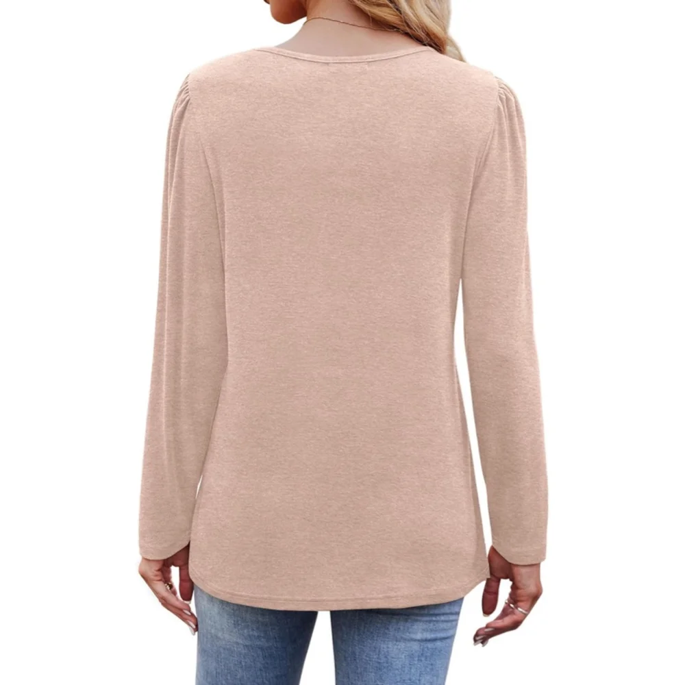 OFEEFAN Long Sleeve Pleated Scoop Neck Tan Tunic Top - Picture 3 of 4